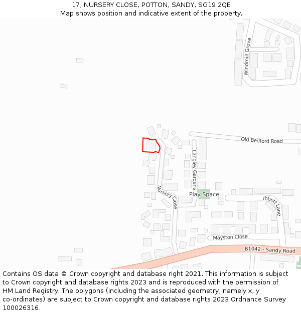 17, NURSERY CLOSE, POTTON, SANDY, SG19 2QE: Location map and indicative extent of plot