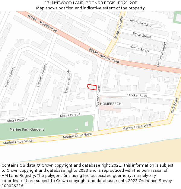 17, NYEWOOD LANE, BOGNOR REGIS, PO21 2QB: Location map and indicative extent of plot