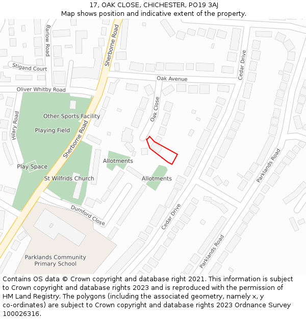 17, OAK CLOSE, CHICHESTER, PO19 3AJ: Location map and indicative extent of plot