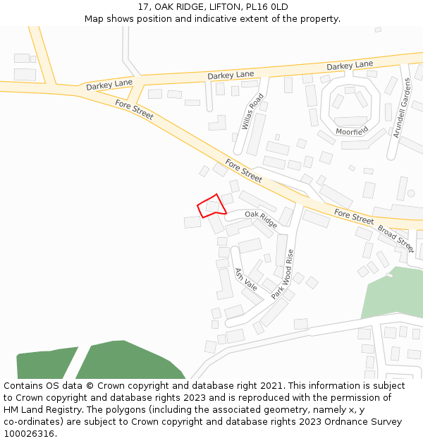 17, OAK RIDGE, LIFTON, PL16 0LD: Location map and indicative extent of plot