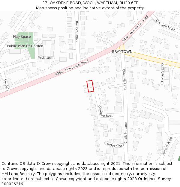 17, OAKDENE ROAD, WOOL, WAREHAM, BH20 6EE: Location map and indicative extent of plot