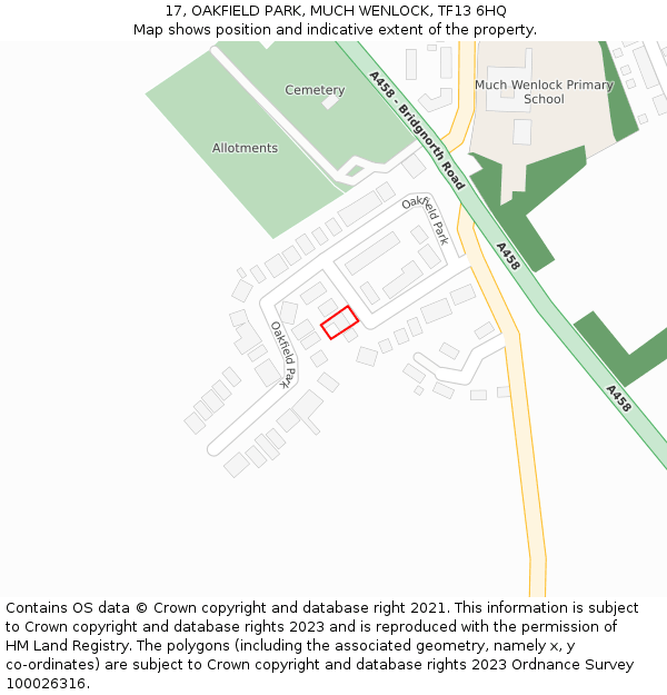 17, OAKFIELD PARK, MUCH WENLOCK, TF13 6HQ: Location map and indicative extent of plot