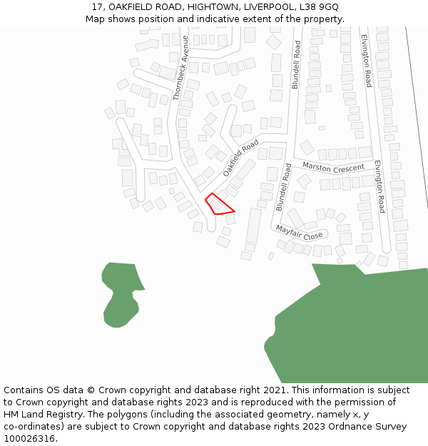 17, OAKFIELD ROAD, HIGHTOWN, LIVERPOOL, L38 9GQ: Location map and indicative extent of plot