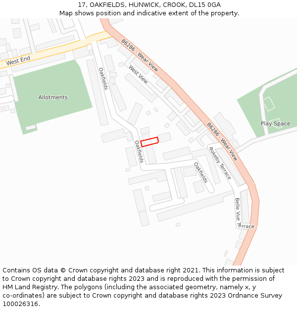 17, OAKFIELDS, HUNWICK, CROOK, DL15 0GA: Location map and indicative extent of plot