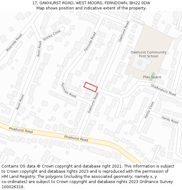 17, OAKHURST ROAD, WEST MOORS, FERNDOWN, BH22 0DW: Location map and indicative extent of plot