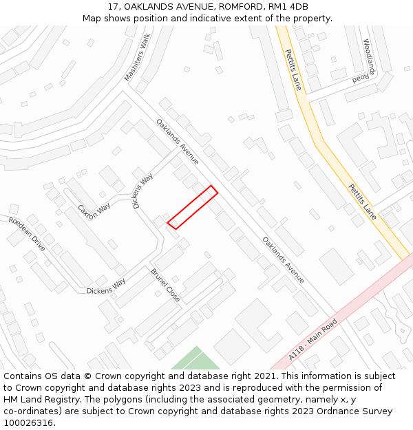 17, OAKLANDS AVENUE, ROMFORD, RM1 4DB: Location map and indicative extent of plot