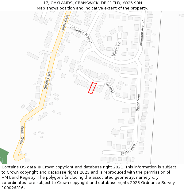 17, OAKLANDS, CRANSWICK, DRIFFIELD, YO25 9RN: Location map and indicative extent of plot