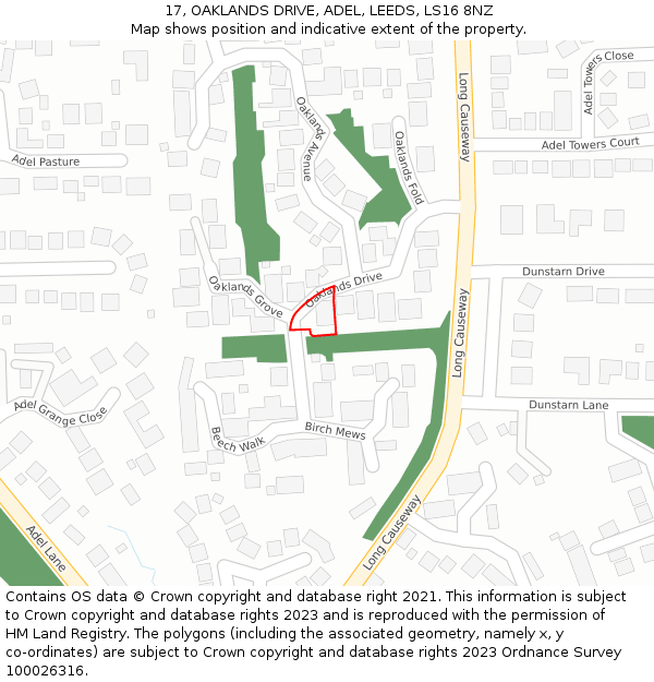 17, OAKLANDS DRIVE, ADEL, LEEDS, LS16 8NZ: Location map and indicative extent of plot