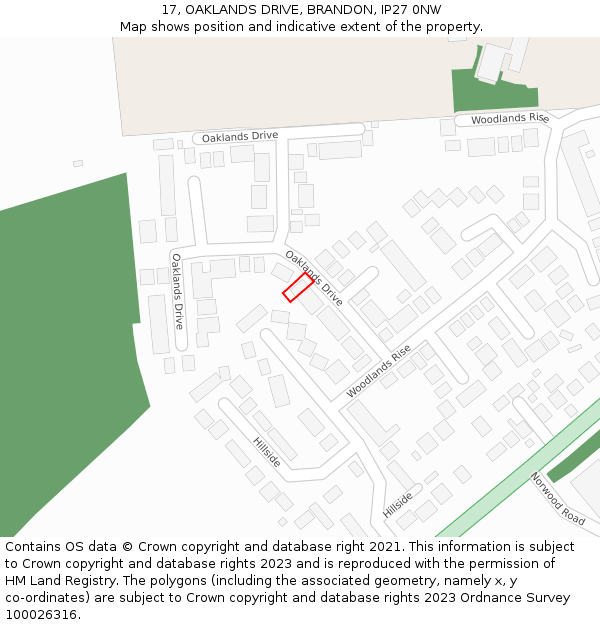 17, OAKLANDS DRIVE, BRANDON, IP27 0NW: Location map and indicative extent of plot