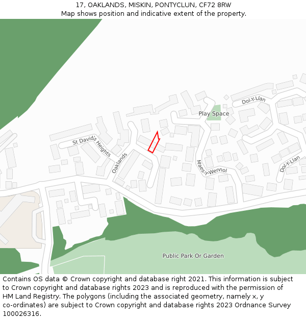 17, OAKLANDS, MISKIN, PONTYCLUN, CF72 8RW: Location map and indicative extent of plot