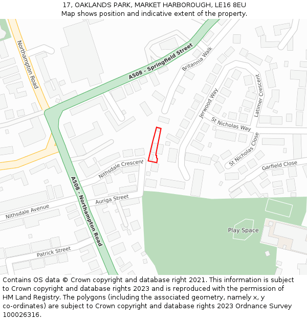 17, OAKLANDS PARK, MARKET HARBOROUGH, LE16 8EU: Location map and indicative extent of plot