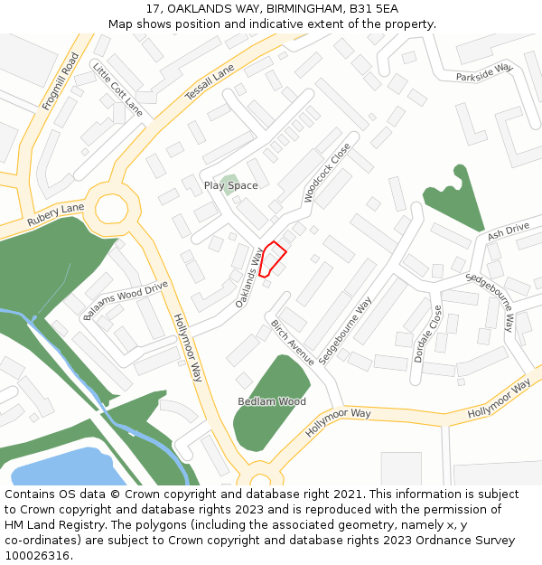 17, OAKLANDS WAY, BIRMINGHAM, B31 5EA: Location map and indicative extent of plot