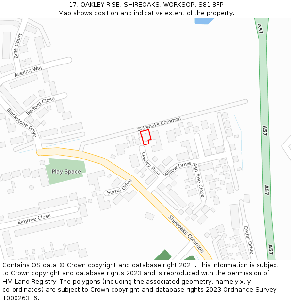 17, OAKLEY RISE, SHIREOAKS, WORKSOP, S81 8FP: Location map and indicative extent of plot