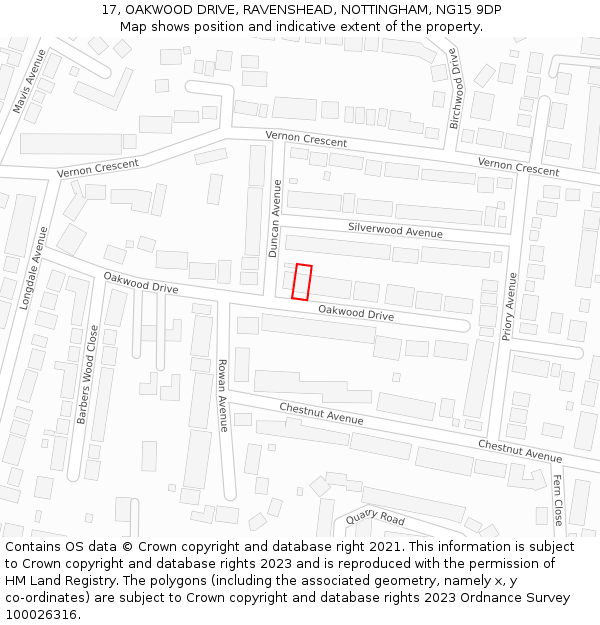 17, OAKWOOD DRIVE, RAVENSHEAD, NOTTINGHAM, NG15 9DP: Location map and indicative extent of plot