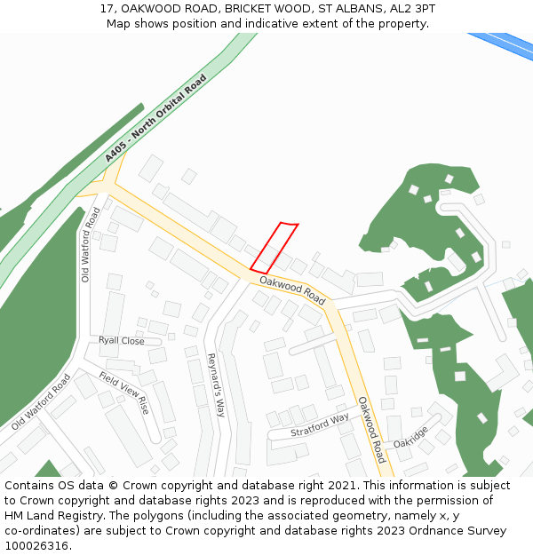 17, OAKWOOD ROAD, BRICKET WOOD, ST ALBANS, AL2 3PT: Location map and indicative extent of plot