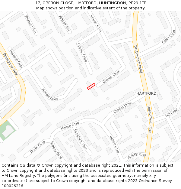 17, OBERON CLOSE, HARTFORD, HUNTINGDON, PE29 1TB: Location map and indicative extent of plot