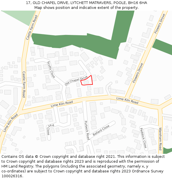 17, OLD CHAPEL DRIVE, LYTCHETT MATRAVERS, POOLE, BH16 6HA: Location map and indicative extent of plot