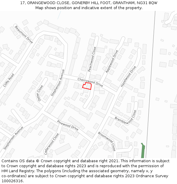 17, ORANGEWOOD CLOSE, GONERBY HILL FOOT, GRANTHAM, NG31 8QW: Location map and indicative extent of plot