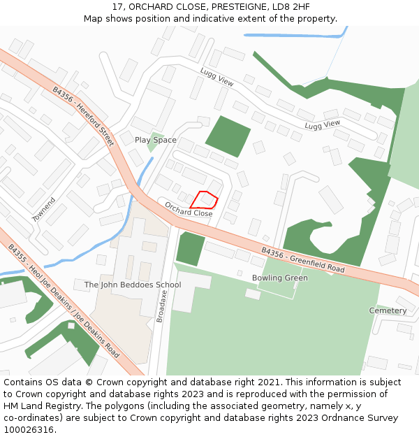 17, ORCHARD CLOSE, PRESTEIGNE, LD8 2HF: Location map and indicative extent of plot