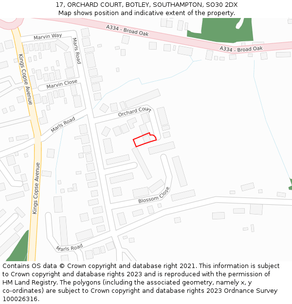 17, ORCHARD COURT, BOTLEY, SOUTHAMPTON, SO30 2DX: Location map and indicative extent of plot