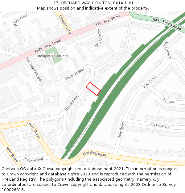17, ORCHARD WAY, HONITON, EX14 1HH: Location map and indicative extent of plot