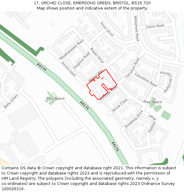 17, ORCHID CLOSE, EMERSONS GREEN, BRISTOL, BS16 7GY: Location map and indicative extent of plot