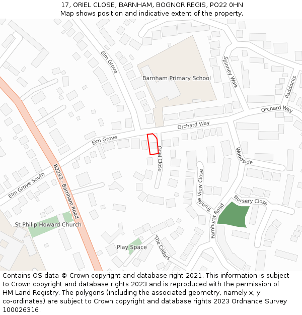 17, ORIEL CLOSE, BARNHAM, BOGNOR REGIS, PO22 0HN: Location map and indicative extent of plot