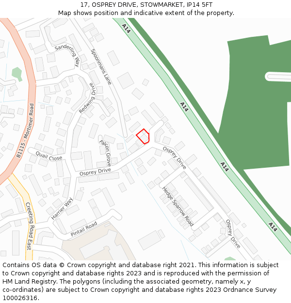 17, OSPREY DRIVE, STOWMARKET, IP14 5FT: Location map and indicative extent of plot