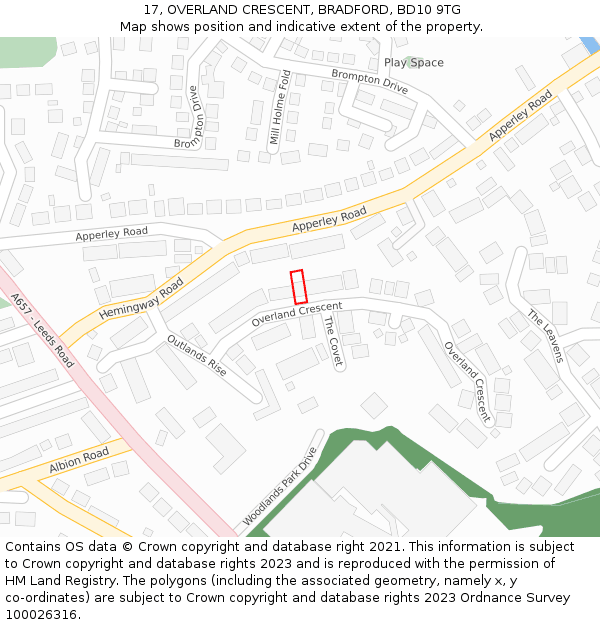 17, OVERLAND CRESCENT, BRADFORD, BD10 9TG: Location map and indicative extent of plot