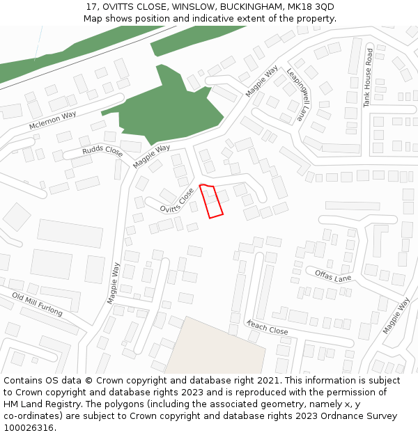 17, OVITTS CLOSE, WINSLOW, BUCKINGHAM, MK18 3QD: Location map and indicative extent of plot