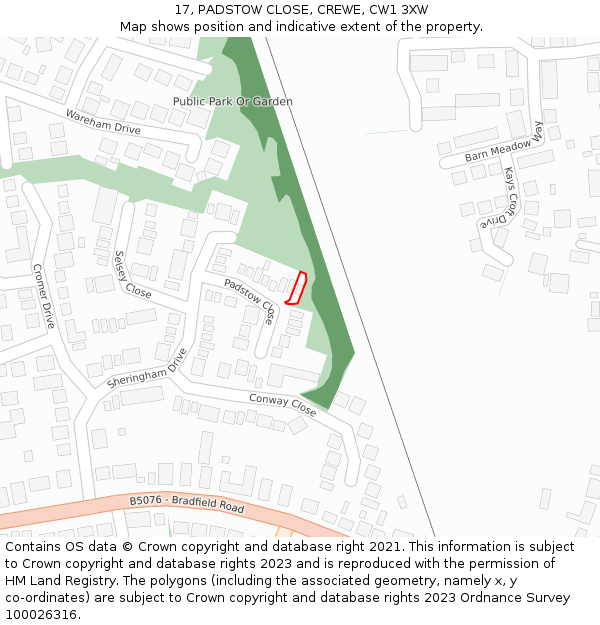 17, PADSTOW CLOSE, CREWE, CW1 3XW: Location map and indicative extent of plot