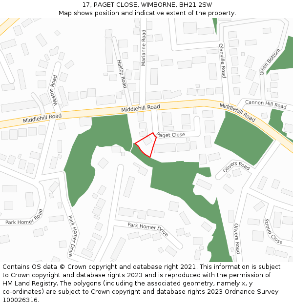 17, PAGET CLOSE, WIMBORNE, BH21 2SW: Location map and indicative extent of plot