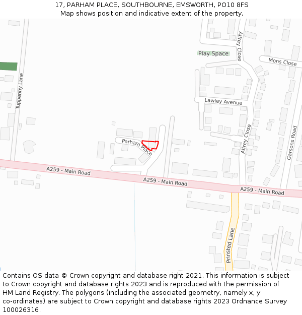 17, PARHAM PLACE, SOUTHBOURNE, EMSWORTH, PO10 8FS: Location map and indicative extent of plot