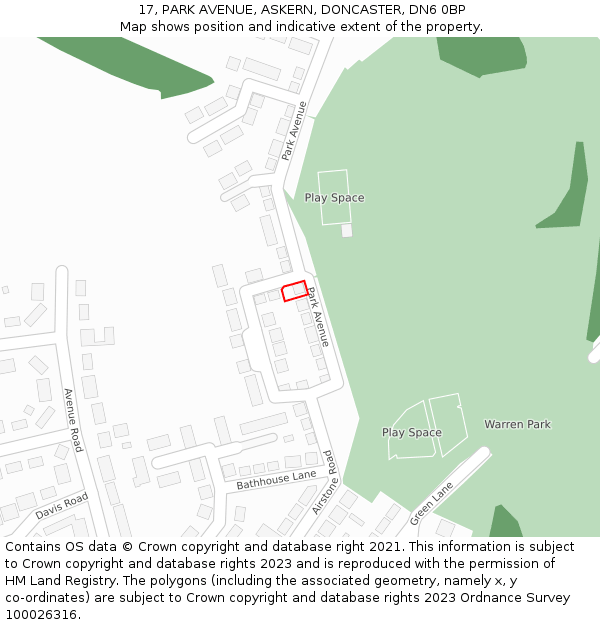 17, PARK AVENUE, ASKERN, DONCASTER, DN6 0BP: Location map and indicative extent of plot