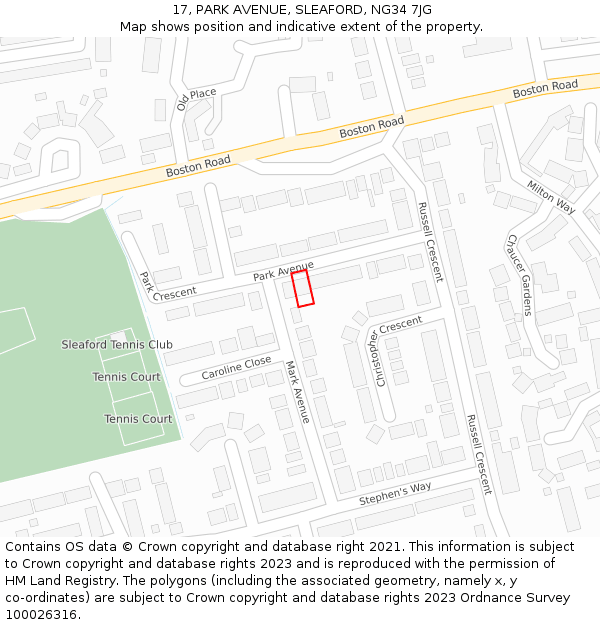 17, PARK AVENUE, SLEAFORD, NG34 7JG: Location map and indicative extent of plot