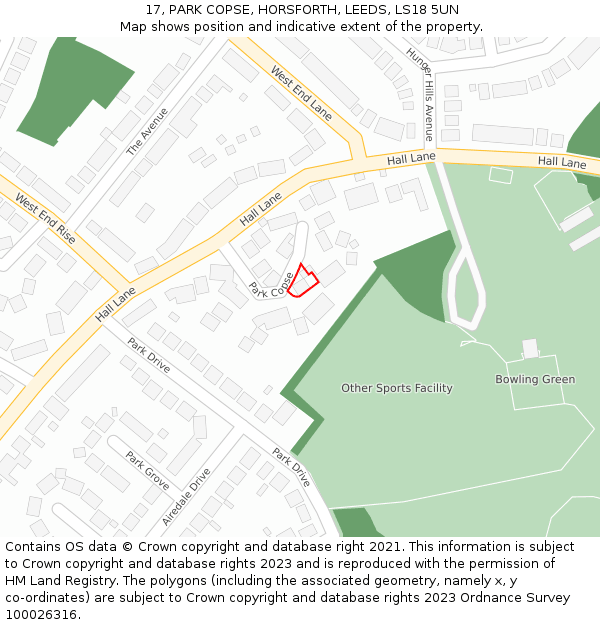 17, PARK COPSE, HORSFORTH, LEEDS, LS18 5UN: Location map and indicative extent of plot