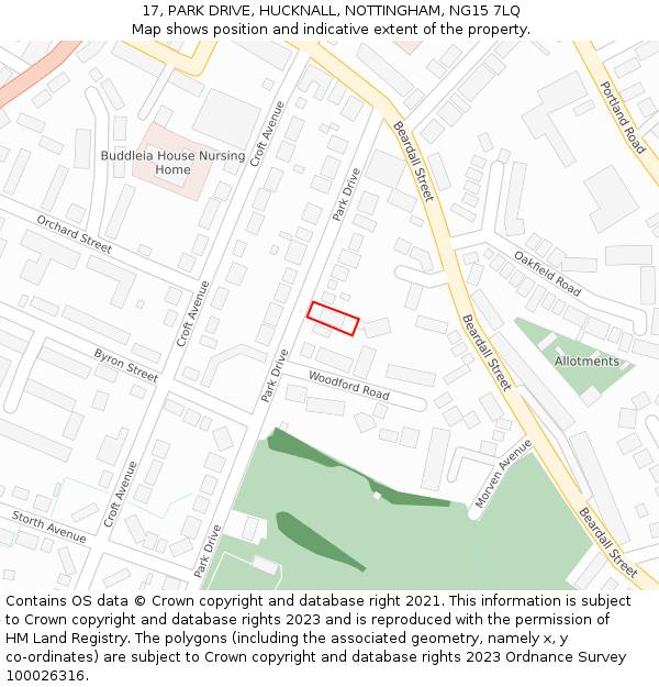 17, PARK DRIVE, HUCKNALL, NOTTINGHAM, NG15 7LQ: Location map and indicative extent of plot