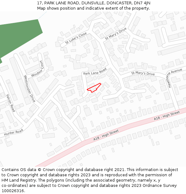 17, PARK LANE ROAD, DUNSVILLE, DONCASTER, DN7 4JN: Location map and indicative extent of plot