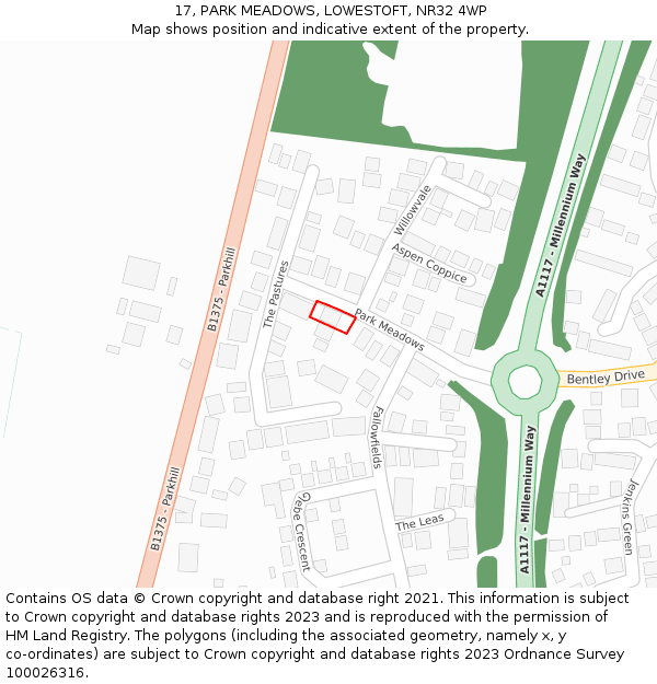 17, PARK MEADOWS, LOWESTOFT, NR32 4WP: Location map and indicative extent of plot