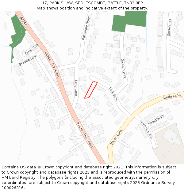 17, PARK SHAW, SEDLESCOMBE, BATTLE, TN33 0PP: Location map and indicative extent of plot