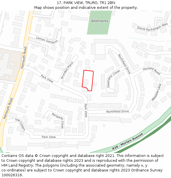 17, PARK VIEW, TRURO, TR1 2BN: Location map and indicative extent of plot