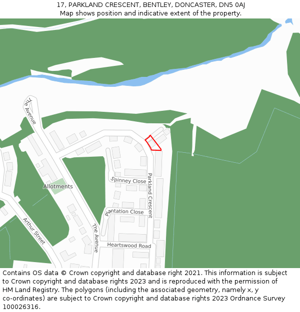 17, PARKLAND CRESCENT, BENTLEY, DONCASTER, DN5 0AJ: Location map and indicative extent of plot