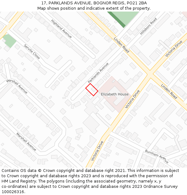 17, PARKLANDS AVENUE, BOGNOR REGIS, PO21 2BA: Location map and indicative extent of plot