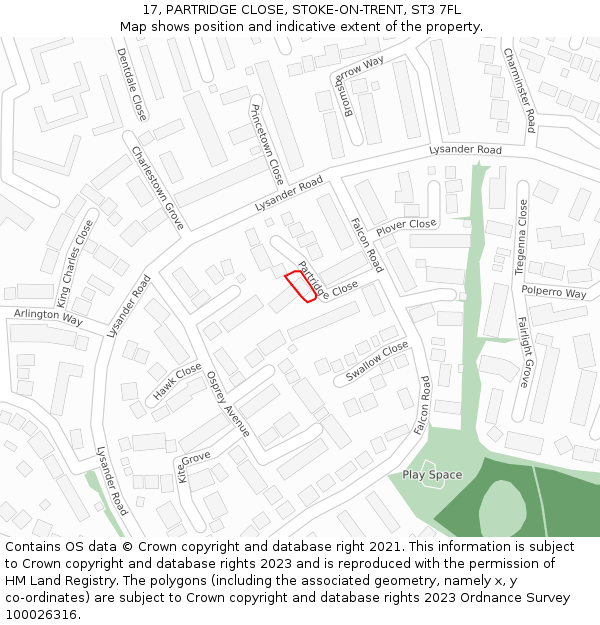 17, PARTRIDGE CLOSE, STOKE-ON-TRENT, ST3 7FL: Location map and indicative extent of plot