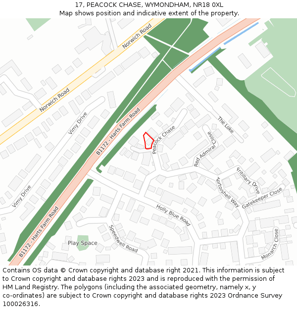 17, PEACOCK CHASE, WYMONDHAM, NR18 0XL: Location map and indicative extent of plot