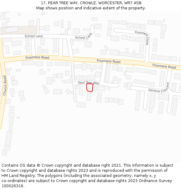 17, PEAR TREE WAY, CROWLE, WORCESTER, WR7 4SB: Location map and indicative extent of plot