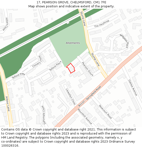 17, PEARSON GROVE, CHELMSFORD, CM1 7FE: Location map and indicative extent of plot