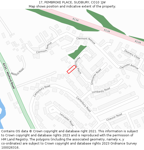 17, PEMBROKE PLACE, SUDBURY, CO10 1JW: Location map and indicative extent of plot