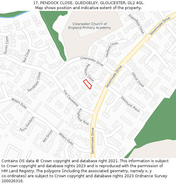 17, PENDOCK CLOSE, QUEDGELEY, GLOUCESTER, GL2 4GL: Location map and indicative extent of plot