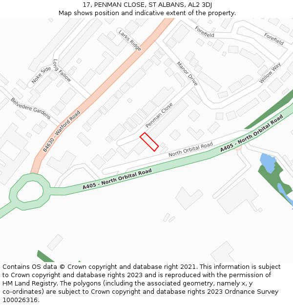 17, PENMAN CLOSE, ST ALBANS, AL2 3DJ: Location map and indicative extent of plot